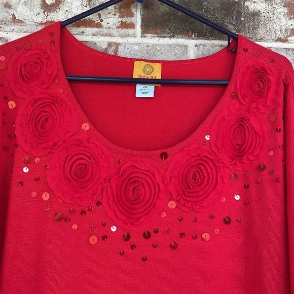 Ruby Road Red Rosette Sequin  Scoop Neck Sweater - Picture 2 of 9